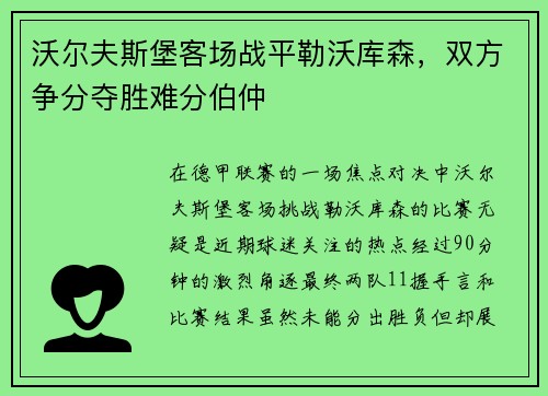 沃尔夫斯堡客场战平勒沃库森，双方争分夺胜难分伯仲